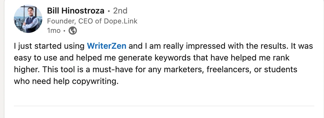 WriterZen review on LinkedIn